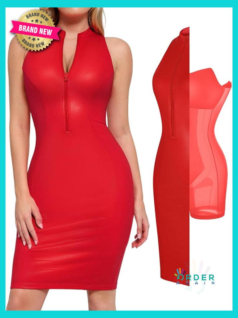 Faux Leather Midi Bodycon Dress Shapewear High Neck Sleeveless Party Clubwear
